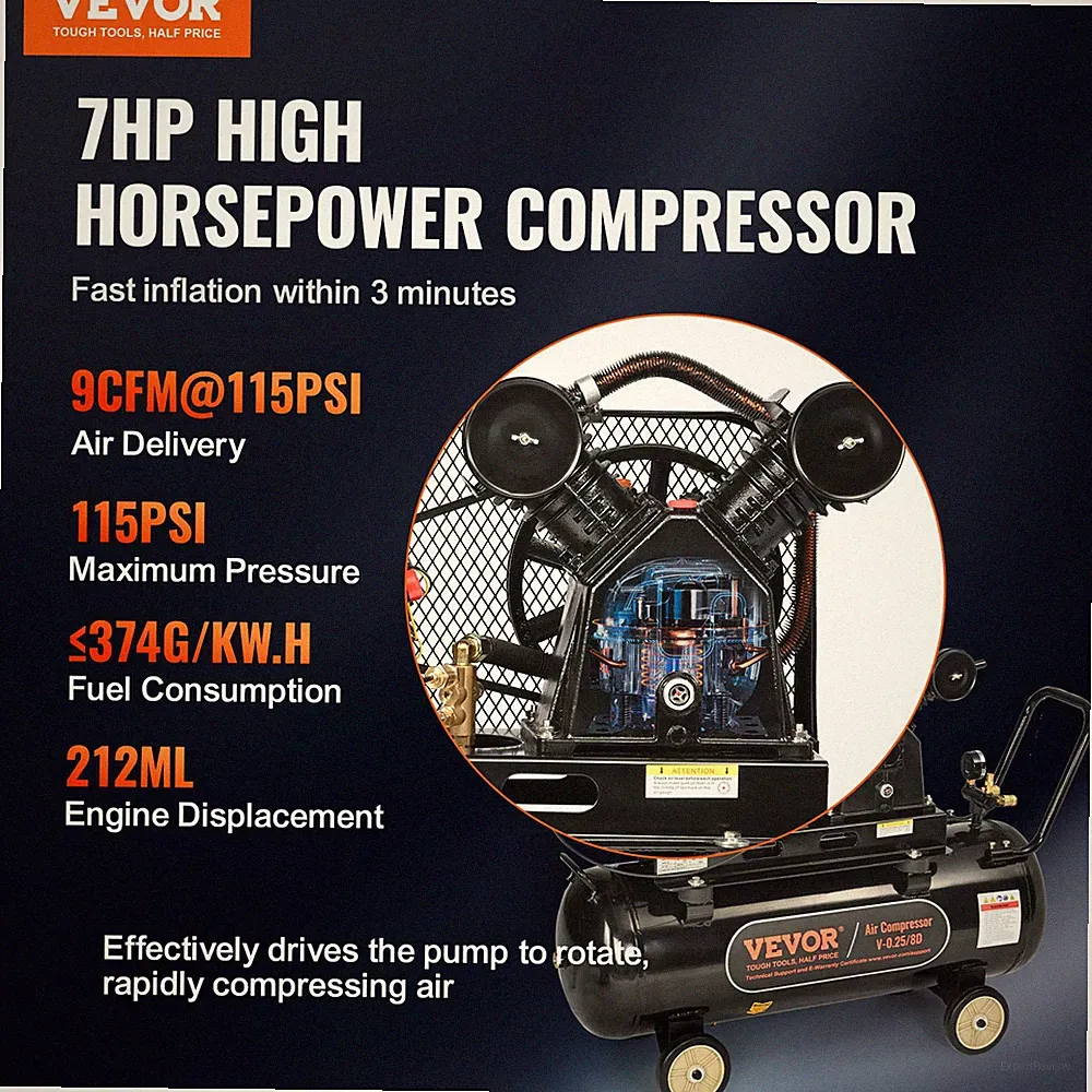7HP Gas Powered Air Compressor, 21 Gallon Horizontal Air Compressor Tank, 9CFM@