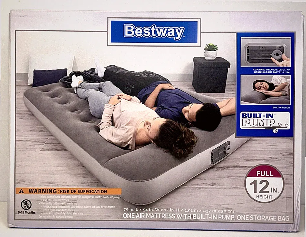 Bestway 12 Inch Full Size Air Mattress with Built In Pump and Pillow Storage Bag