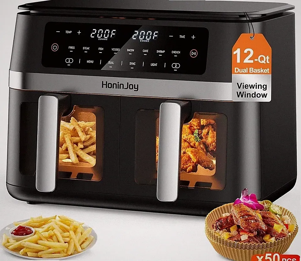 New 12QT Large Dual Basket Air Fryer with Viewing Window and 50pcs Paper Liners
